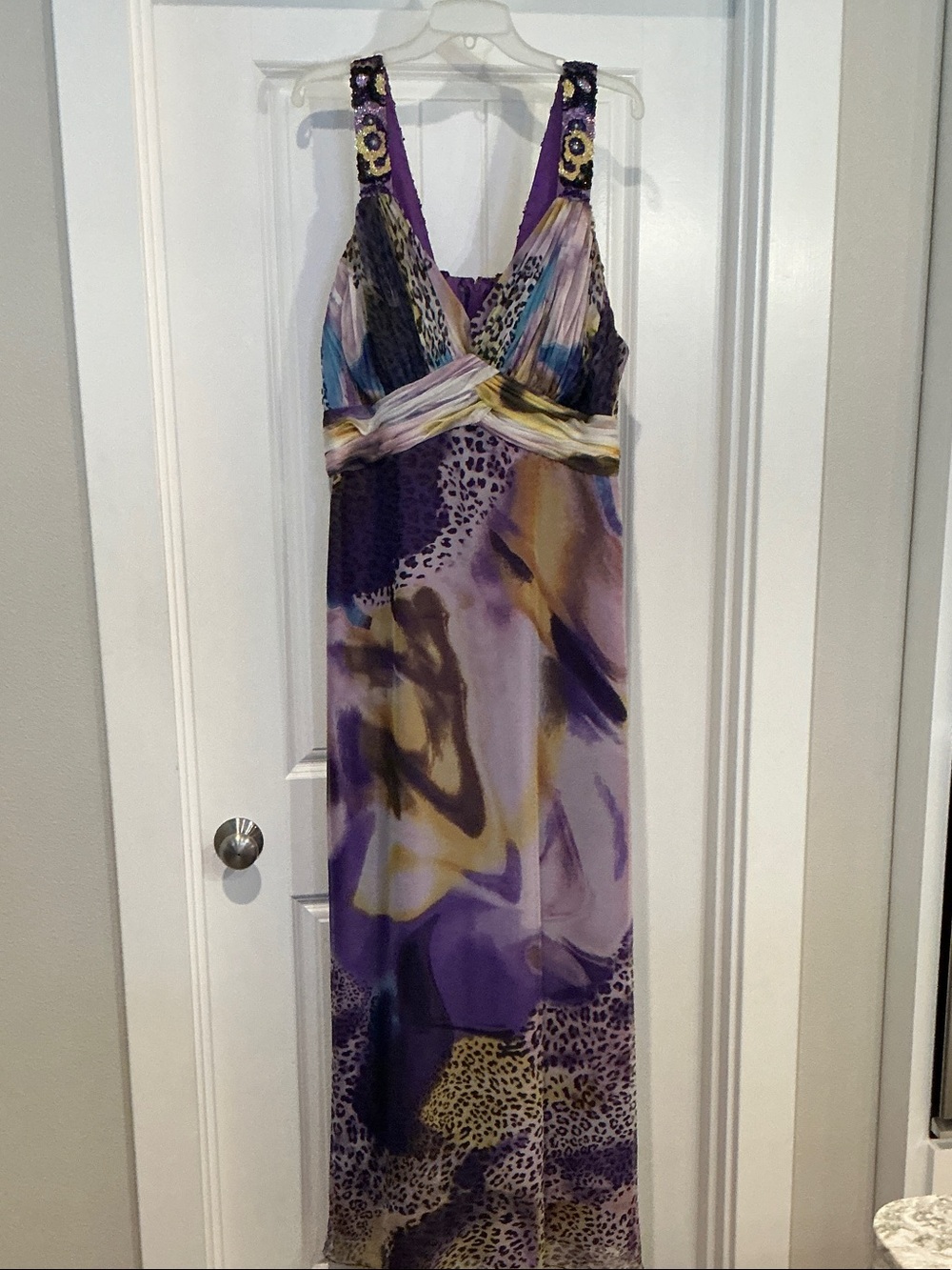 Faviana Elegant Purple Mixed-Print Maxi Dress